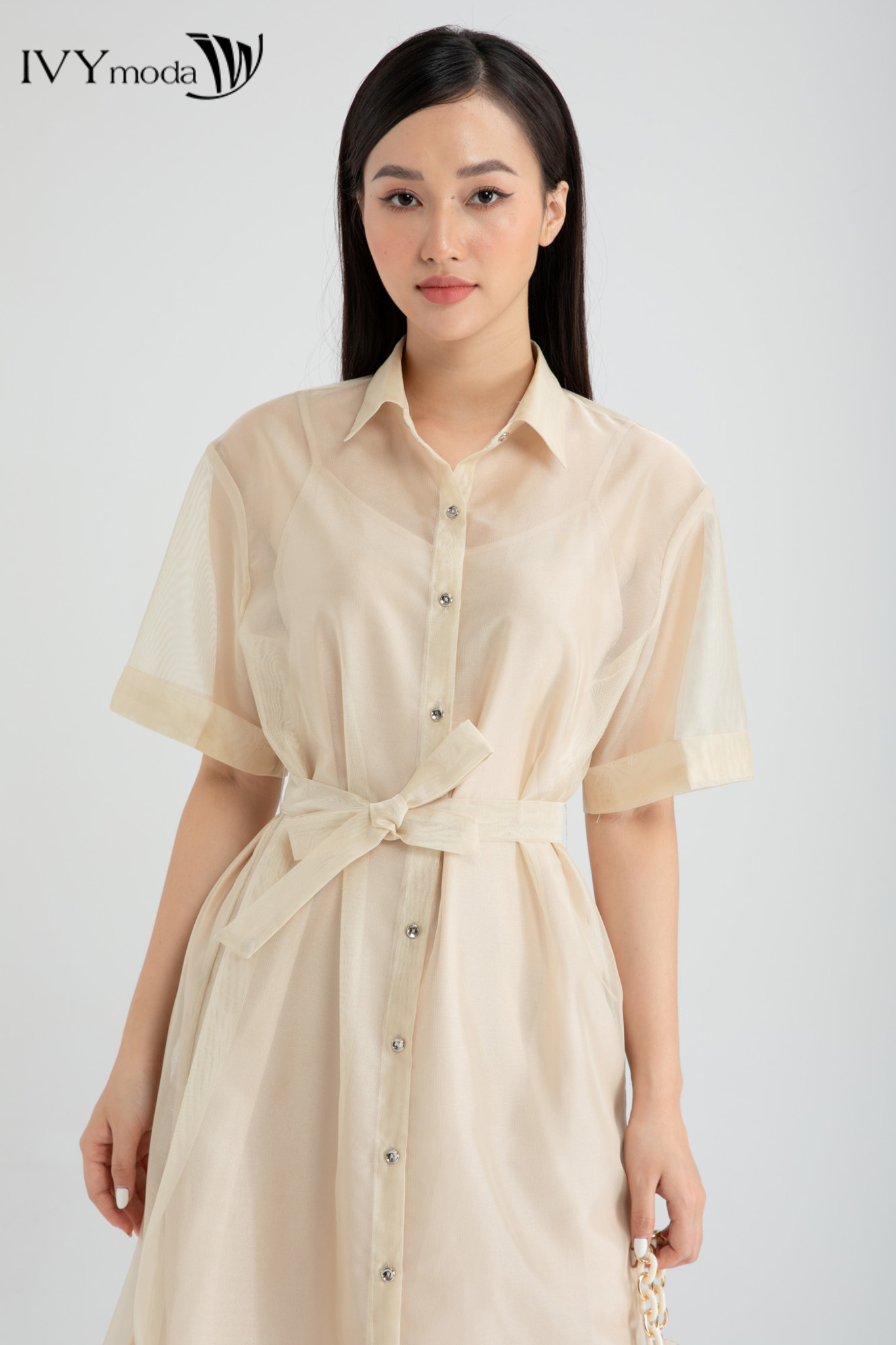 Đầm lưới dáng sơ mi cổ đức thiết kế IVY moda MS 48M6353