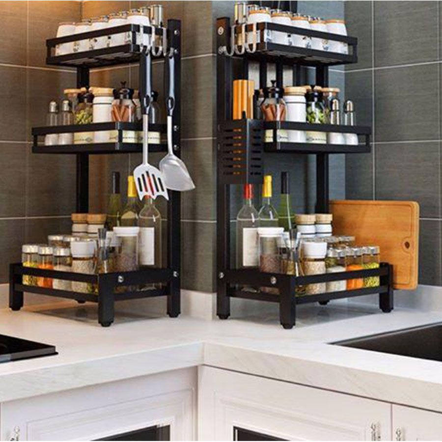 Kệ Gia Vị Thép Đen Đa Năng 3 Tầng ,2 tầng Có Ống Cắm Đũa Và Giá Để Thớt