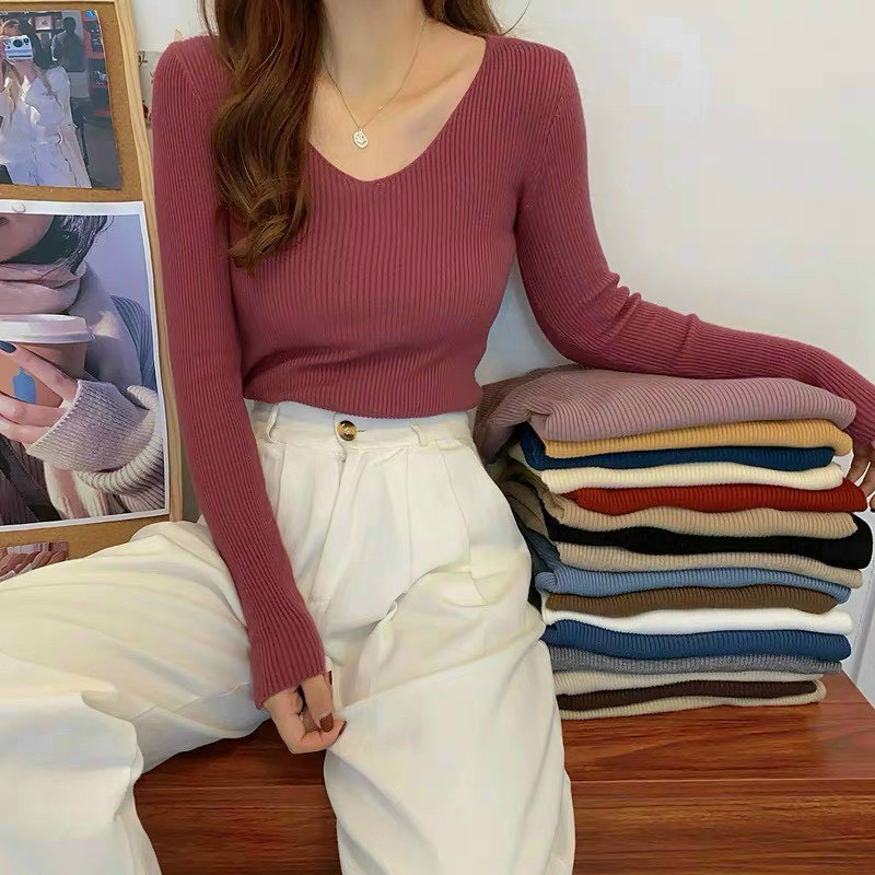 Áo Chất Len tăm Cổ Tim Tay Dài From Dưới 60kg