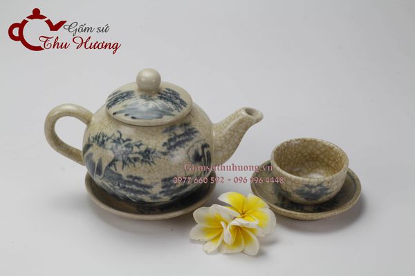 Bộ ấm chén Bát Tràng men rạn giả cổ dáng Hồng