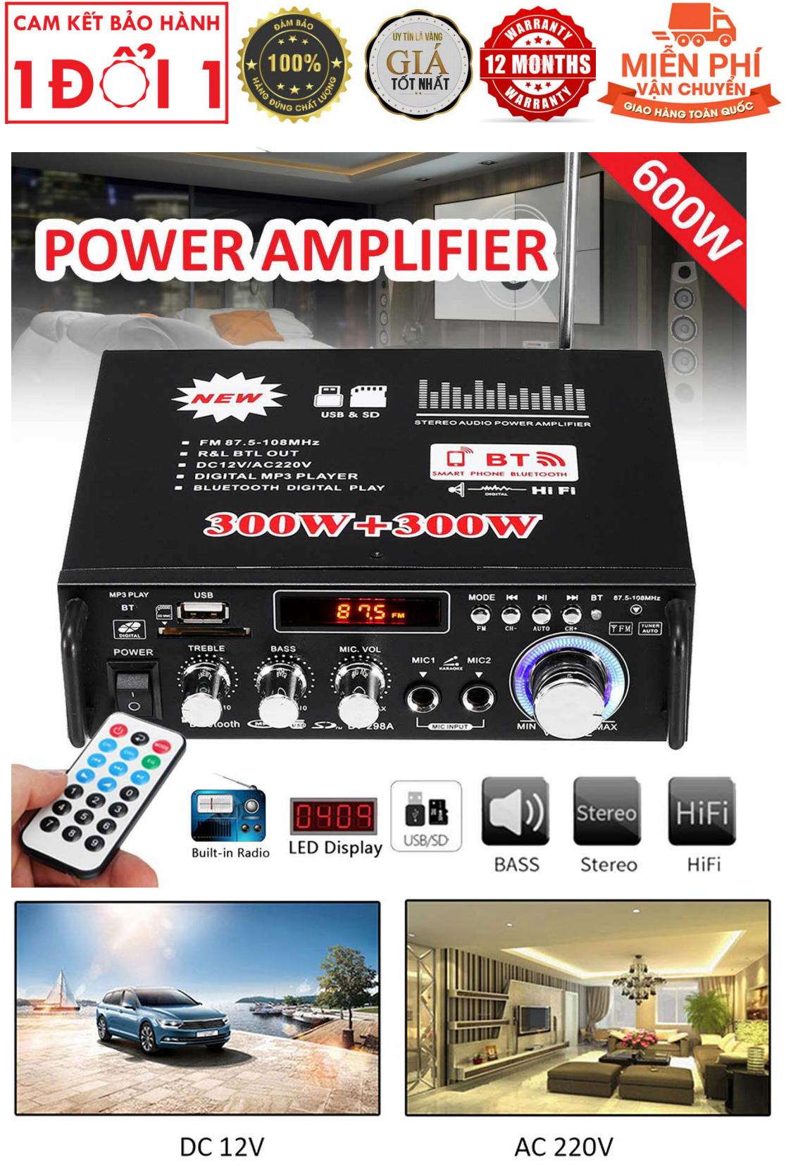 Amply noi dia nghe nhac, Ampli cho xe hơi, Dàn âm ly hát karaoke Amply bluetooth công suất lớn - Kiểu dáng gọn nhẹ, sang trọng - Tích hợp 2 cổng mic v, Tặng phiếu bảo hành 1 năm Toàn quốc