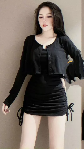 Sét đầm ôm 2 dây form body rút dây + khoác nhẹ