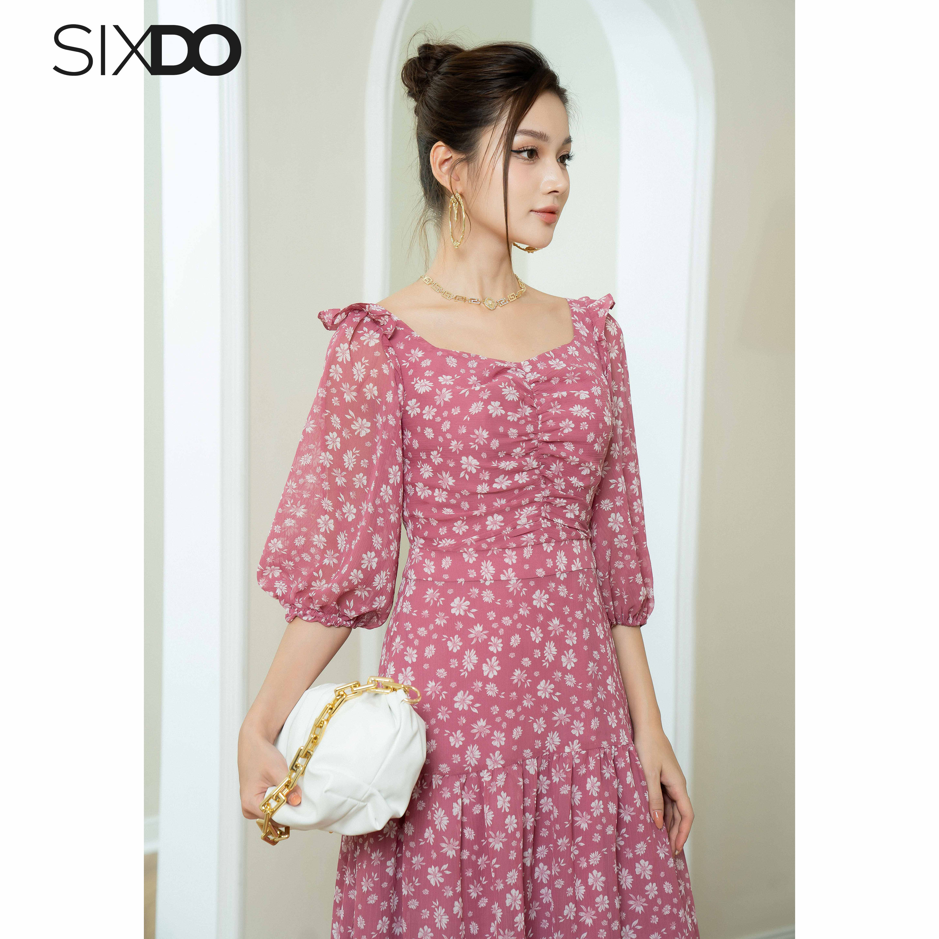 Đầm voan hoa tay phồng SIXDO (Floral Midi Voile Dress)