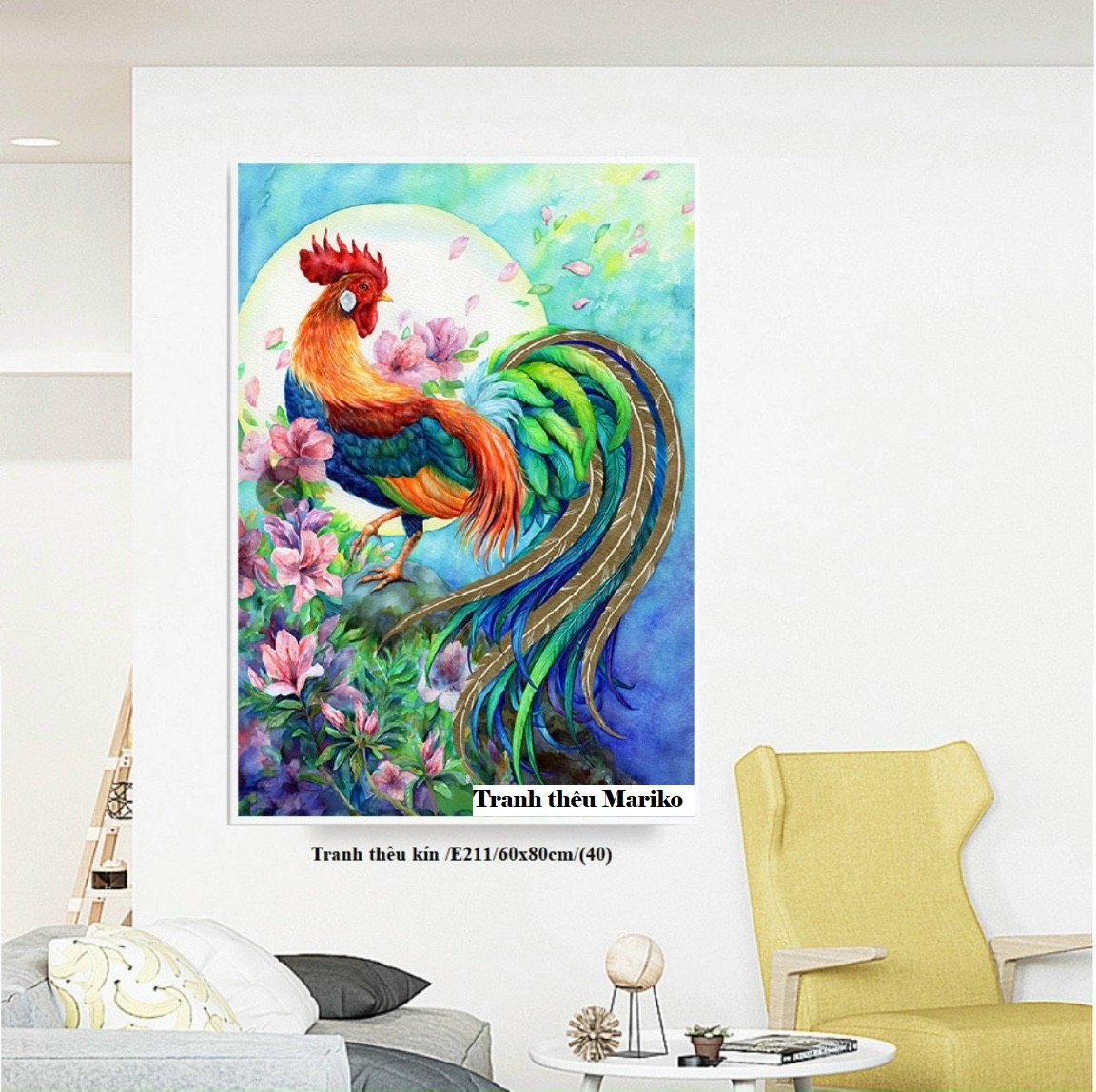 Tranh thêu kín con gà trống e211 kích thước 60 x 80 cm