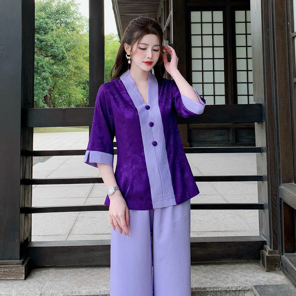 Mẫu đồ lam đi chùɑ #bộ bà lai gấm phối lụa-pháp phục đồ lam
