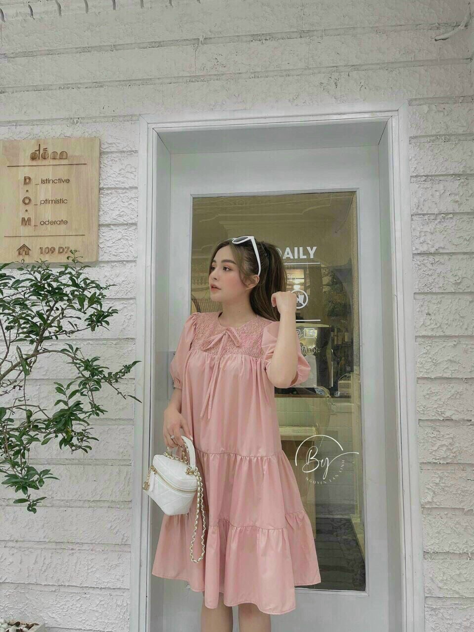 [Freeship 2022] Đầm Babydoll Hồng Cột Nơ Tay Phồng