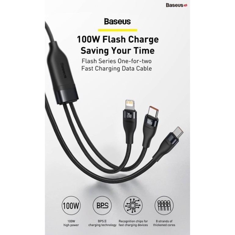 Cáp sạc nhanh 100W Type C to Lightning & Type C Baseus Flash Series One-for-two Fast Charging Data Cable Type-C to L+C