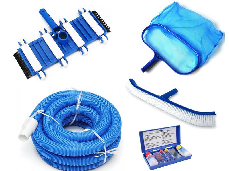 Combo 5 dụng cụ vệ sinh hồ bơi: Bàn hút, ống mềm 9m, vợt rác, bàn chải, bộ thử pH - Chlorine