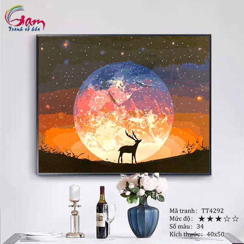 Tranh trang trí treo tường sơn dầu tự tô Gam hươu và bầu trời sao TT4292