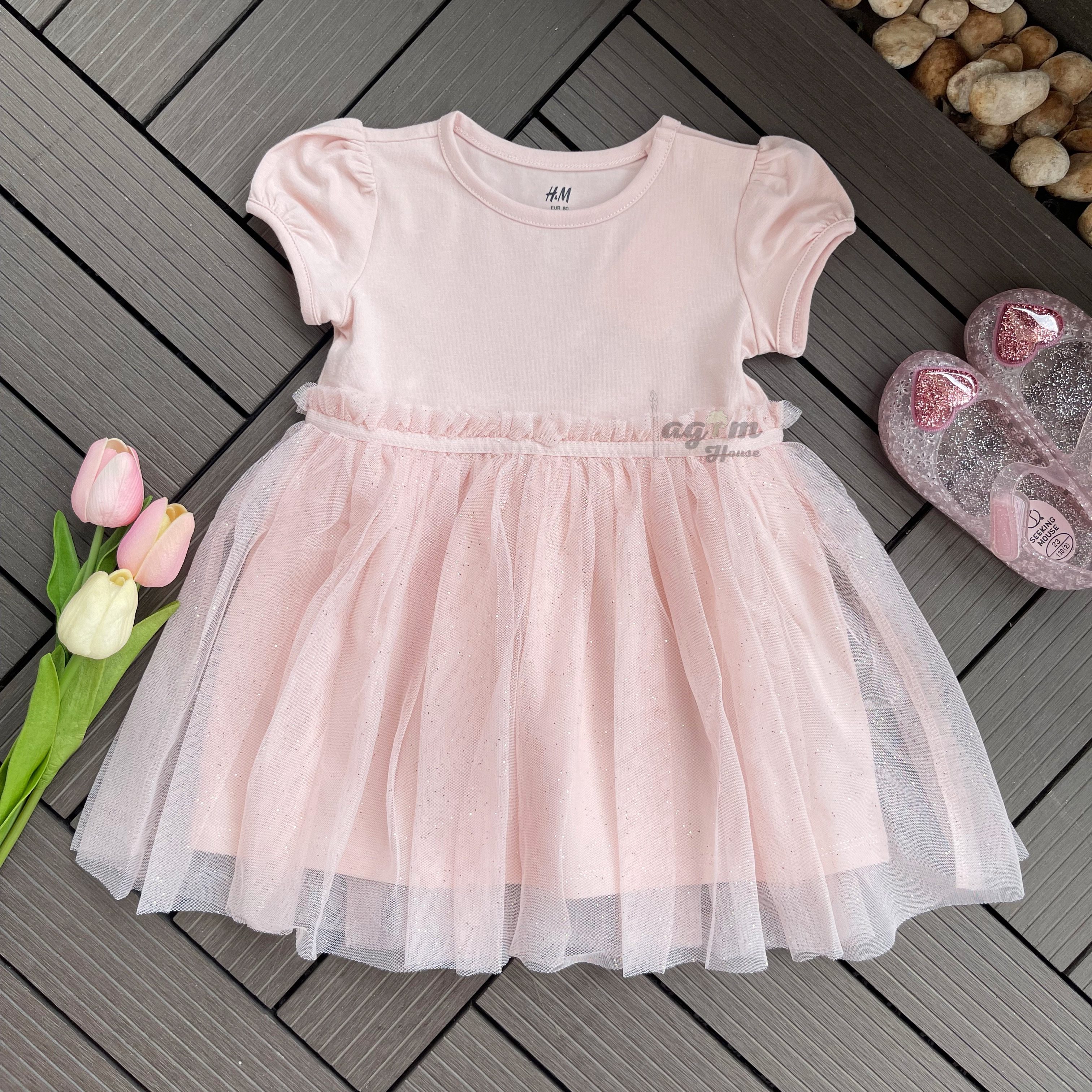 Váy hồng voan xòe nhũ kim tuyến váy công chúa HM auth cho bé gái từ 8 - 17kg - Lagim House
