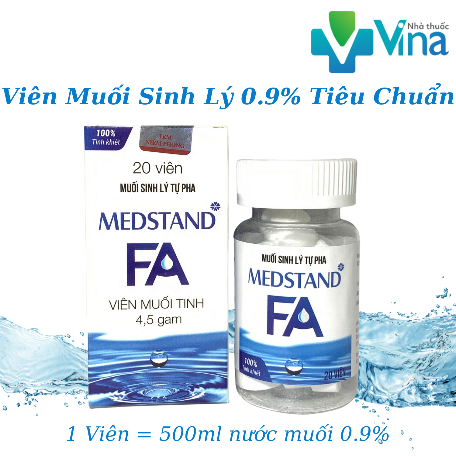 Viên muối sinh lý tự pha medstand fa, 1 viên ~ 500ml, hộp 20 viên
