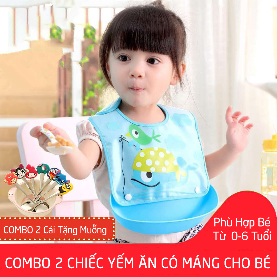 Combo 2 Yếm ăn dặm có máng silicon cho bé