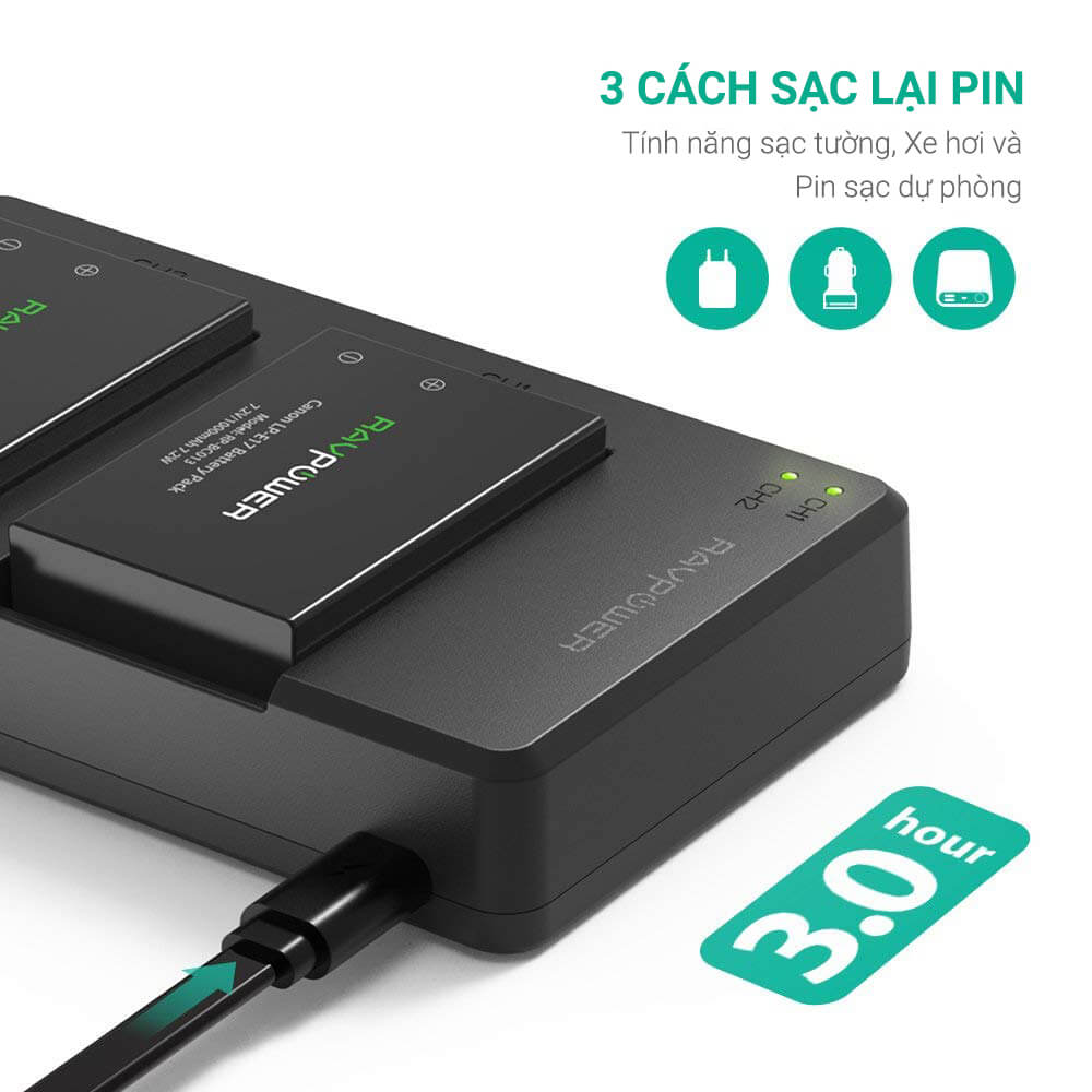 Bộ 2 Pin LP-E12 + Sạc Đôi RAVPower Cho Canon EOS M10, EOS M6, EOS M50, EOS M100, EOS M200, EOS 100D, EOS 200D, EOS 250D