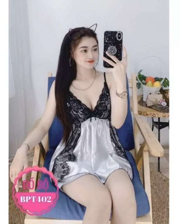 Đồ ngủ phi bóng xẻ ren đen sexy,freesize dưới 55kg
