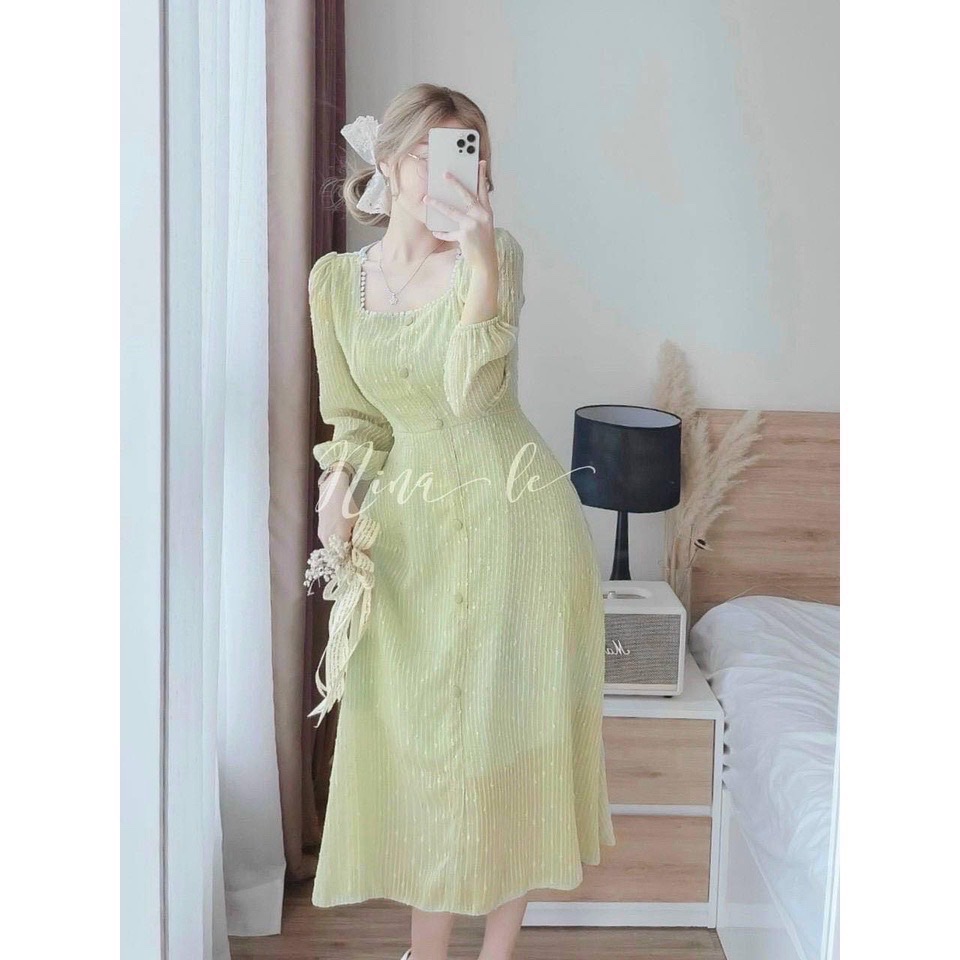 <SALE 9.9> [ SALE ĐẦM CAO CẤP ]ĐẦM MIDI TAY DÀI PHỐI NÚT CỔ VUÔNG SIÊU HOT
