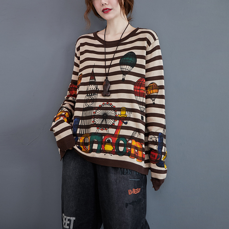 Áo len kiểu oversize áo len nữ sọc ngang in mã A322 Cuocsongvang