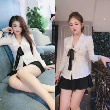 Sét váy áo cổ sơ mi cột nơ kèm váy có quần trong