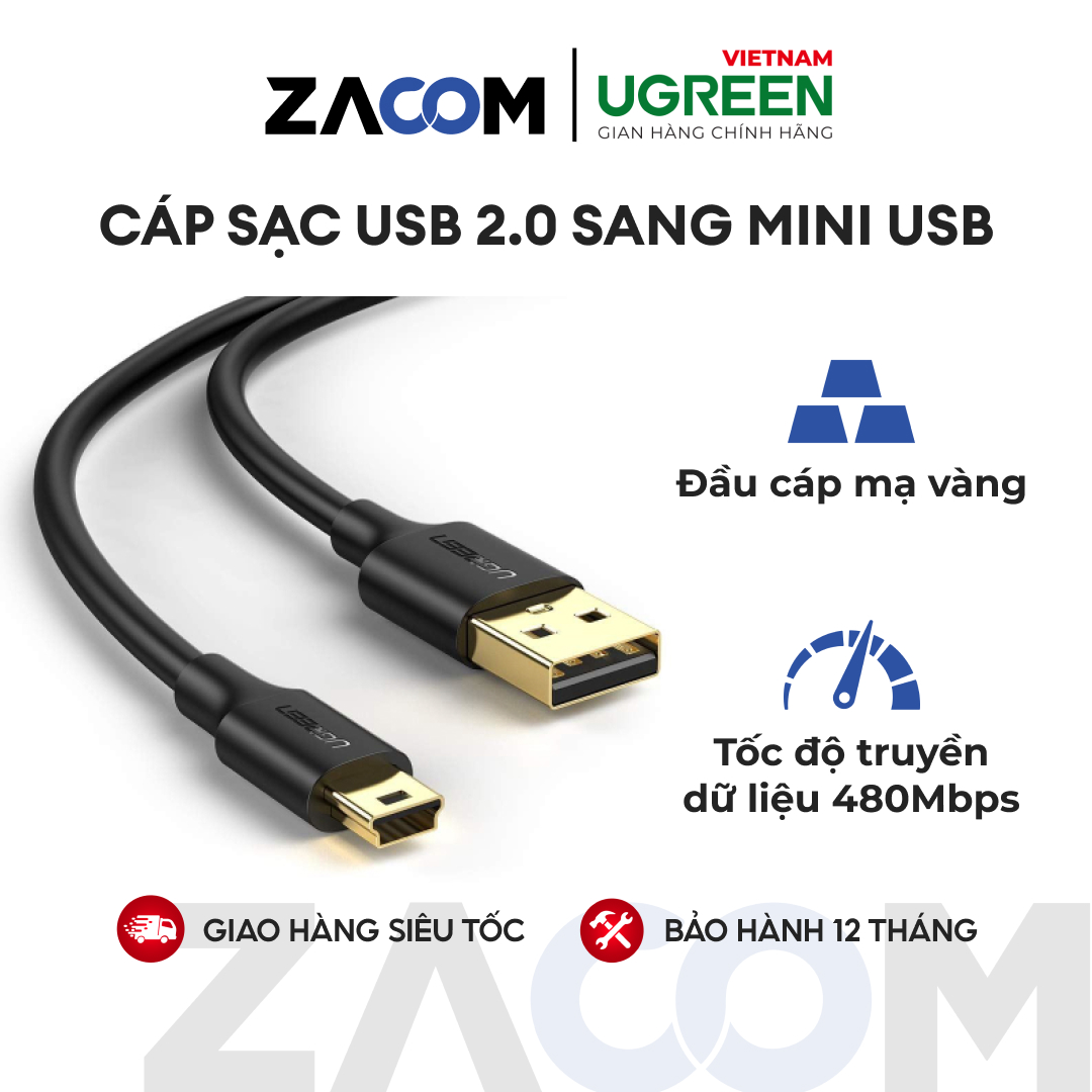Cáp sạc USB 2.0 sang mini USB mạ vàng UGREEN US132 (đen)