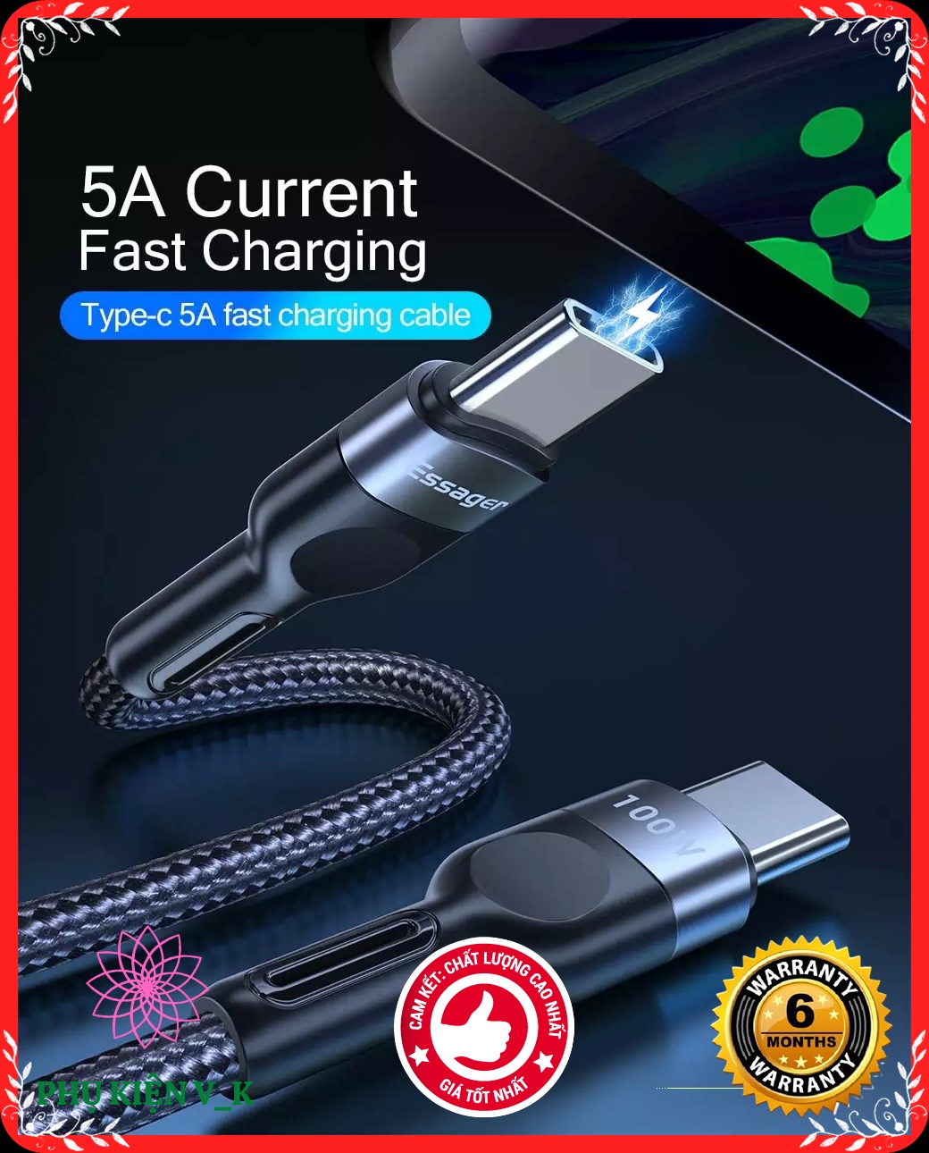 (Giá Hủy Diệt) Cáp Sạc Nhanh Essager 100W Type C To Type C PD 3.0