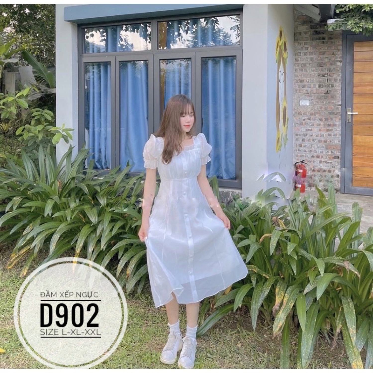 (60-90kg)BIGSIZE Đầm trắng xếp ngực D902