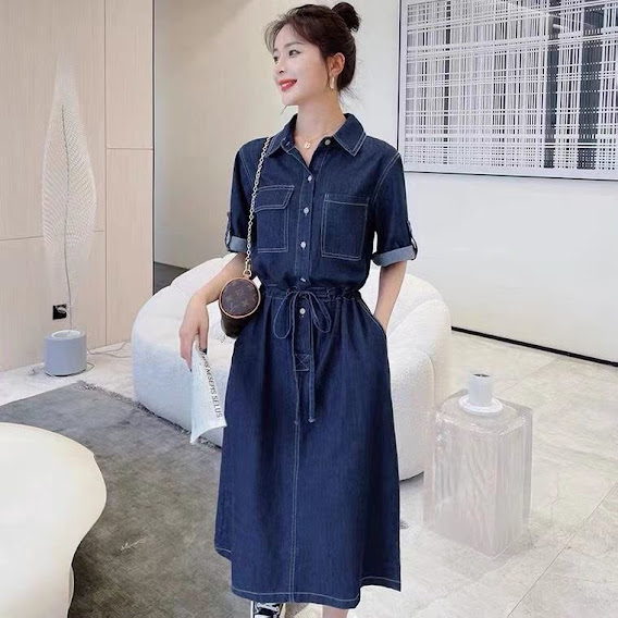[HCM]ĐẦM JEAN XOÈ CỔ PHỐI VIỀN