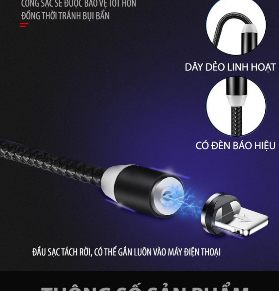 Dây Cáp Sạc Nam Châm Kèm 3 Đầu sạc Lighting Type C Micro Usb
