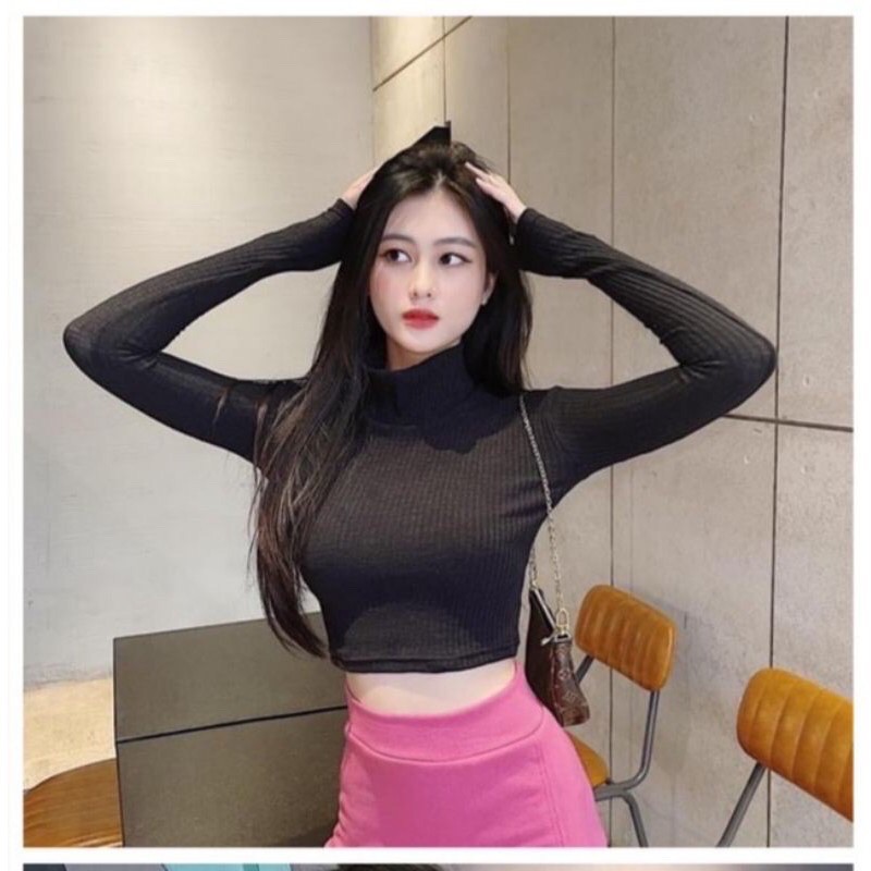 Áo cổ lọ tay dài croptop