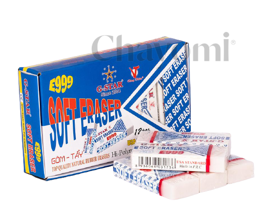 Hộp 12 cục gôm tẩy viết chì G-star E-999 trắng loại lớn được làm bằng cao su tự nhiên, dẻo dai, có độ đàn hồi tốt