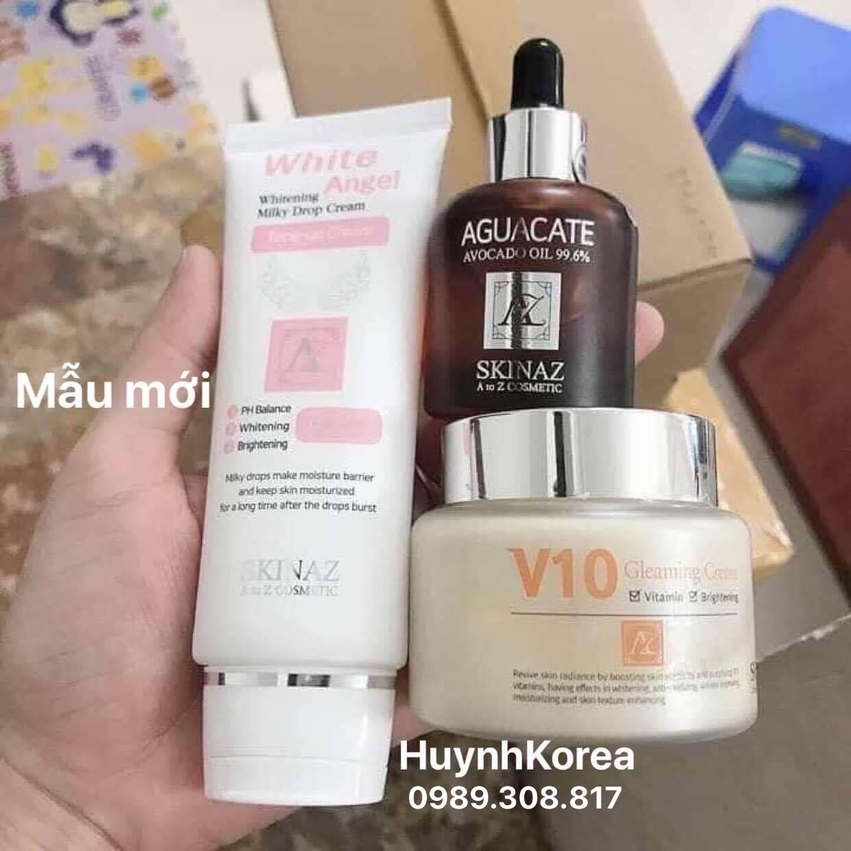 Set dưỡng trắng da chống lão hoá và thải độc tố V10 Skinaz ngày đêm (kem V10, serum bơ , kem white)