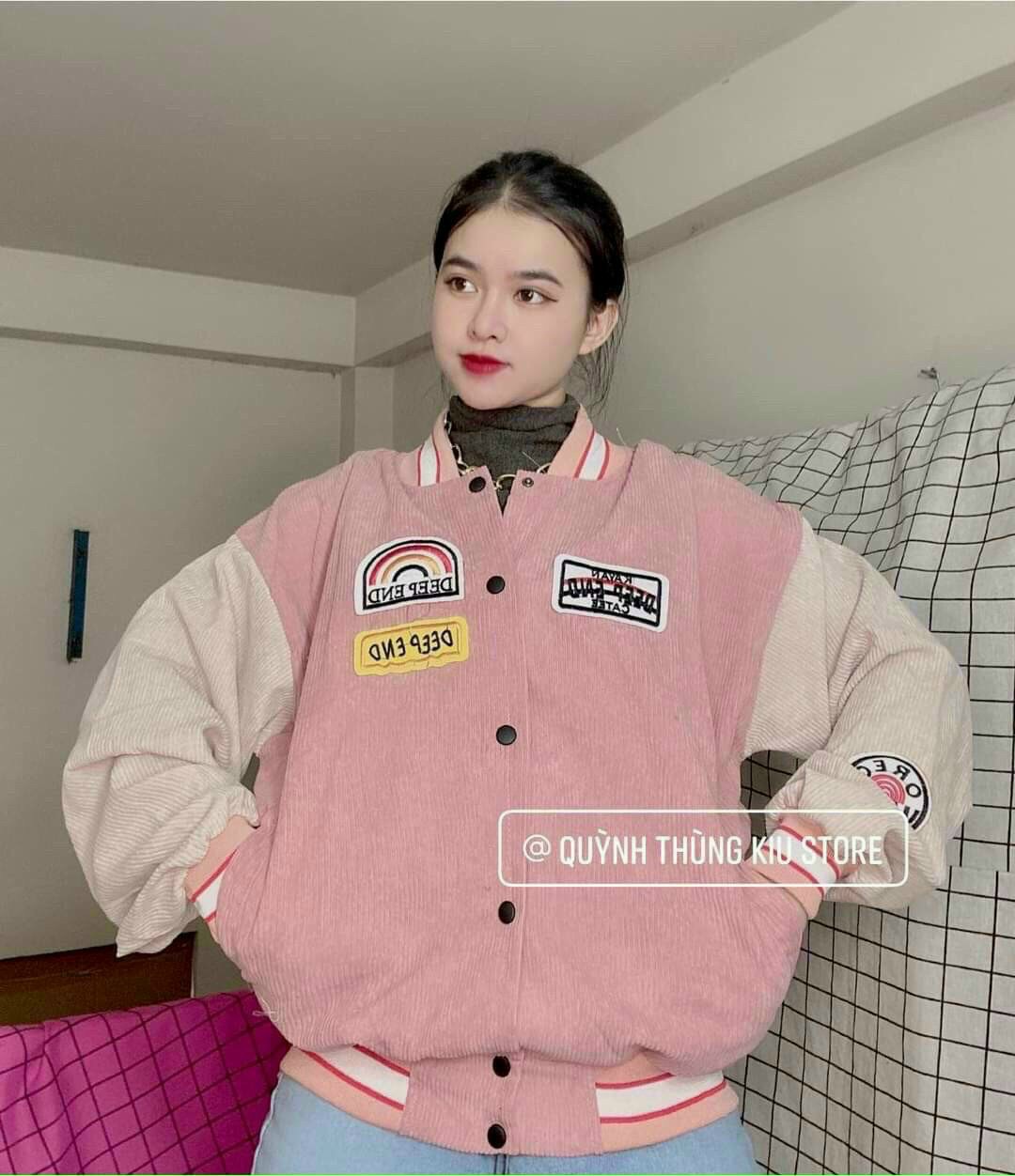 Áo khoác bomber nữ nhung tăm in hình cầu vồng cực xinh tp198