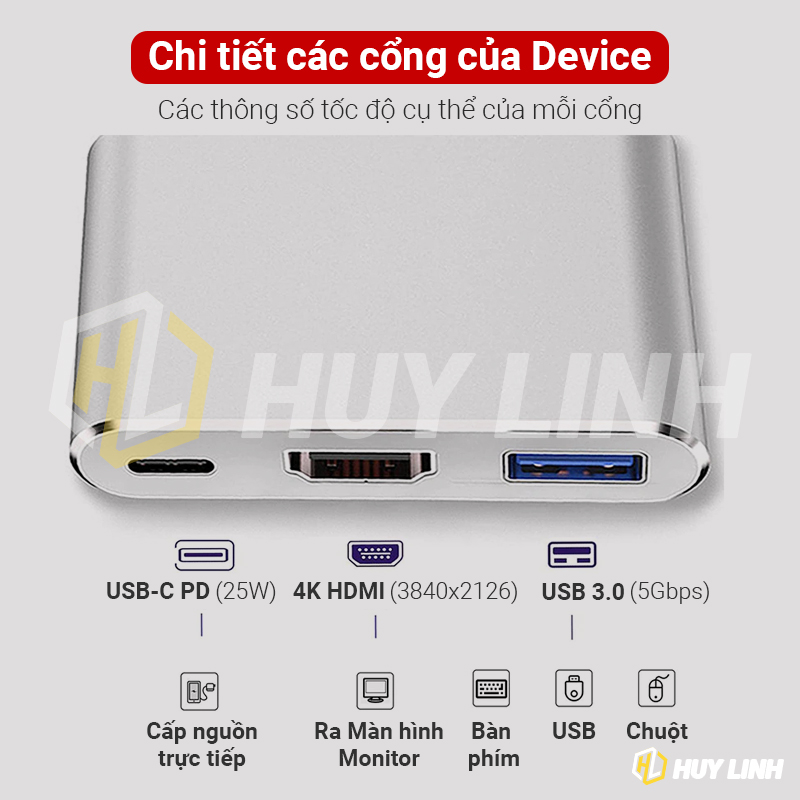 Bộ chuyển đổi Adapter USB Type C 3 IN 1 ra HDMI, USB 3.0, Type C