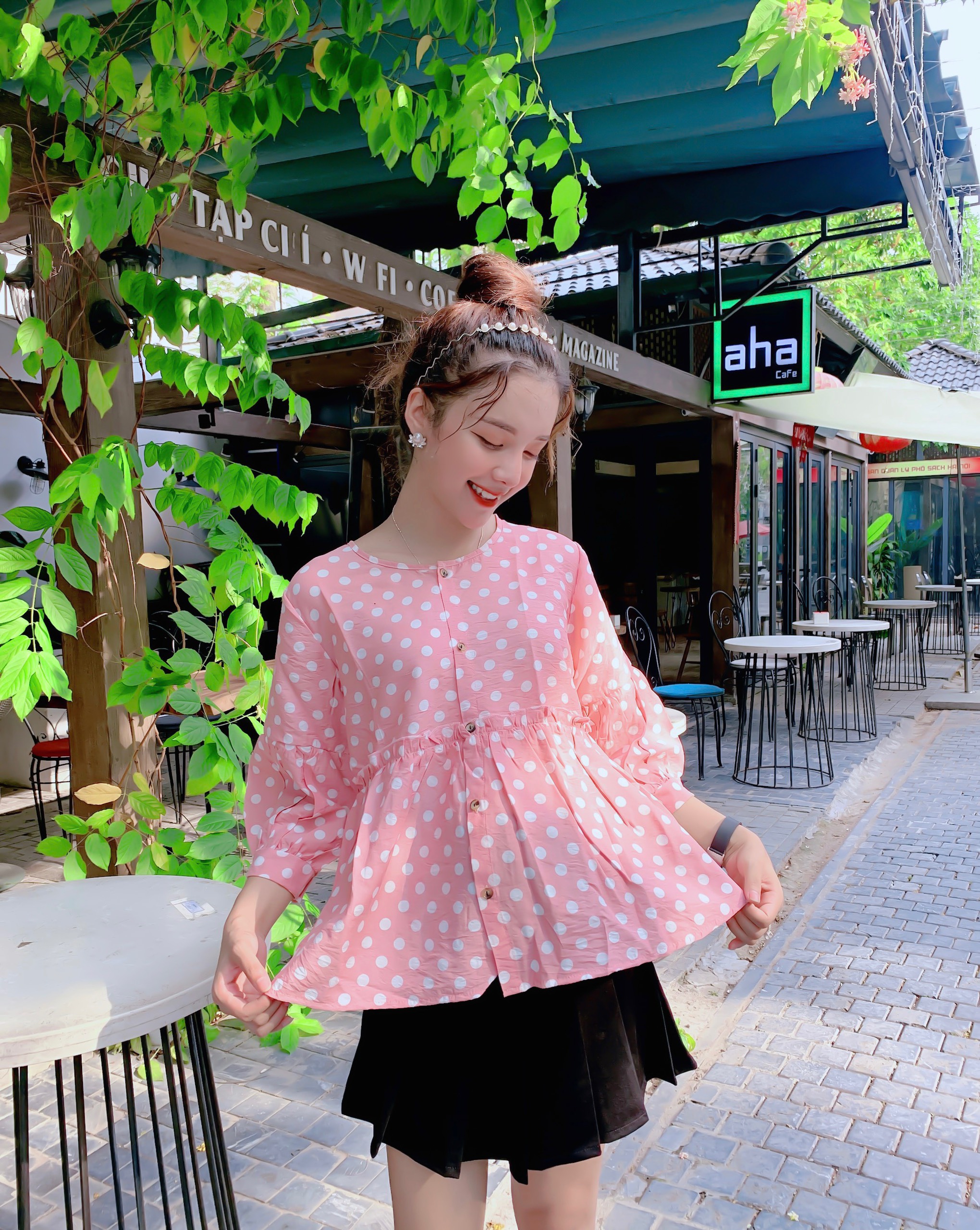 Áo bầu thời trang mẫu mới 2021 | Chấm bi cúc giữa - Chất Voan lụa | Size S/M/L (45-80kg)