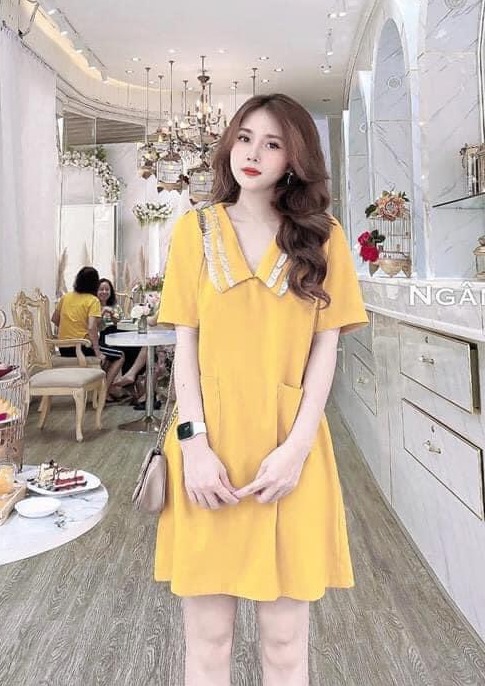 [FREESHIPMAX] VÁY BẦU, ĐẦM BẦU SƠ MI PHA TÚI CỔ PHA REN ĐIỆU ĐÀ CHO BẦU