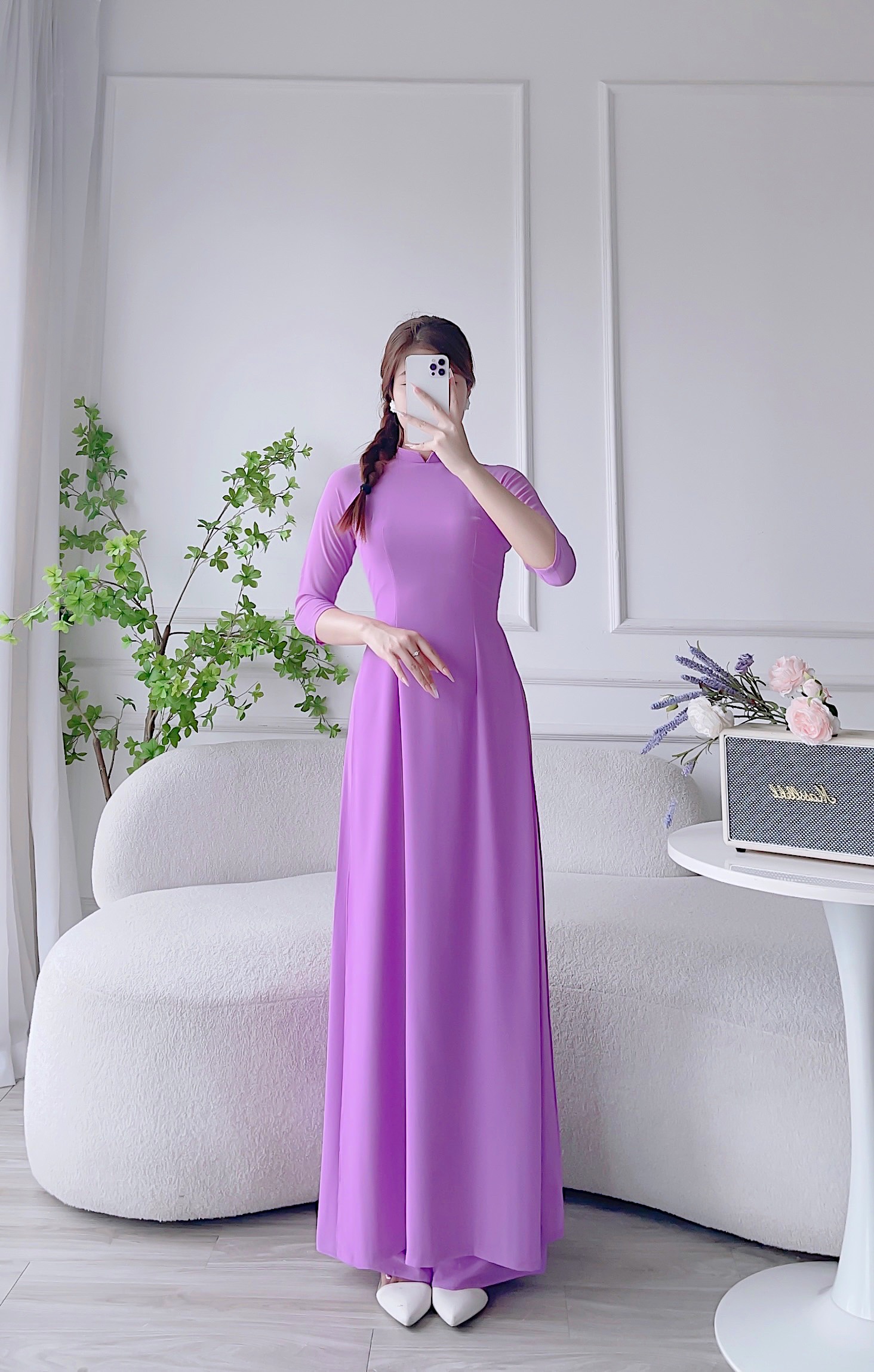 Áo dài tím, áo dài trơn lụa chi phông 4 tà MÃ T22