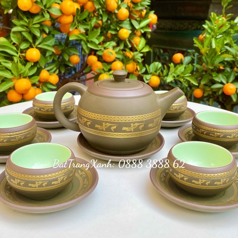 Bộ Ấm Chén Uống Trà, Bộ Ấm Chén Bát Tràng - Tử Sa Lạc Việt Xanh, Bộ Ấm Trà Trống Đồng Xanh
