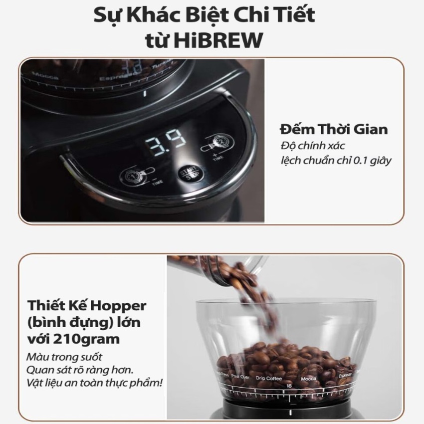 Máy xay hạt cà phê tự động tích hợp 34 chế độ xay thương hiệu HiBREW G3, công suất 220W (Bảo Hành 1 Năm)