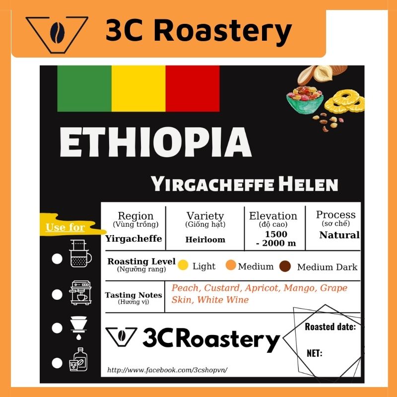 cà phê Arabica Ethiopia HELEN 3C ROASTERY nguyên chất pha espresso pha v60 cafe hạt giống Heirloom hậu ngọt sơ chế khô