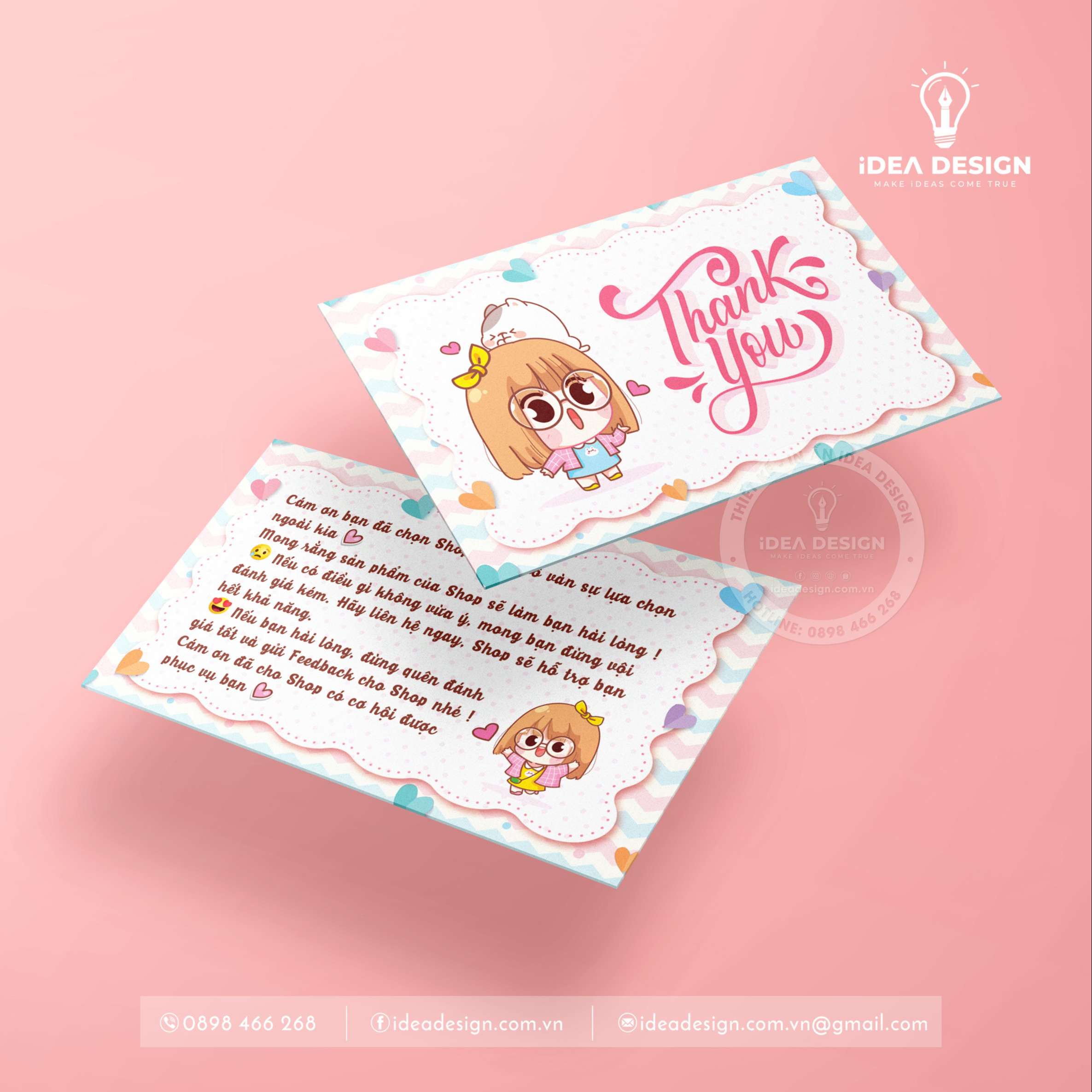 Card Cám Ơn, Card Thank You, Thiệp Cám Ơn, Thiệp Thank You - Size 9x 5.4cm Chất Liệu C300 Cán Màn Mờ 2 Mặt, Hình Cô Gái Siêu Cute - iDea Design