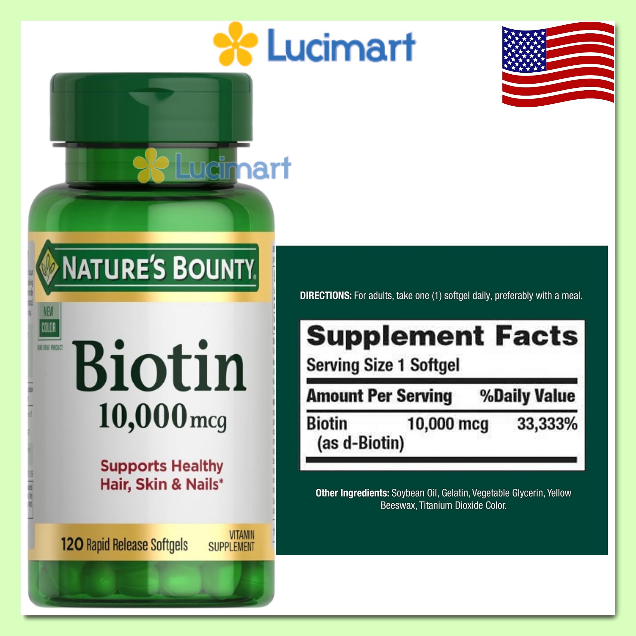 Viên uống Biotin 10000mcg hỗ trợ da, móng, tóc Nature’s Bounty hũ 120 viên
