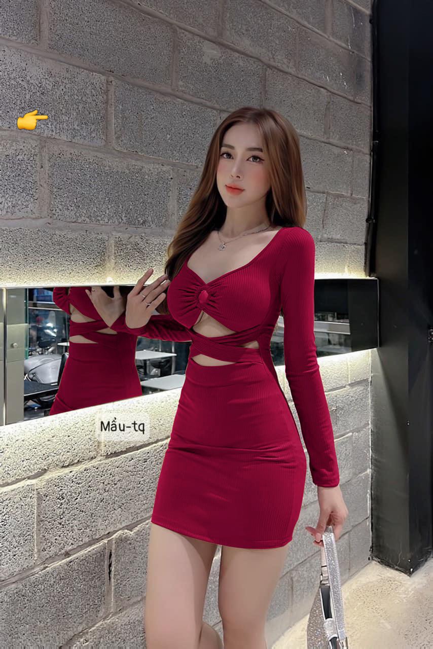 Đầm body tay dài khoen ngực chéo dây eo chất thun gân