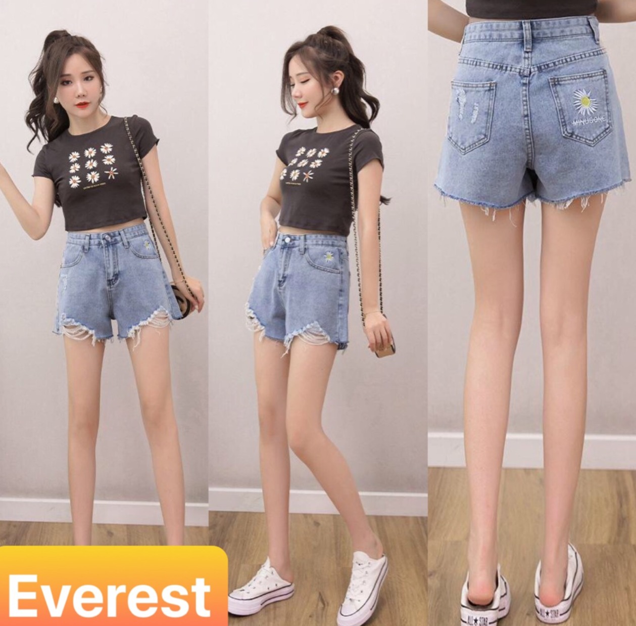 QUẦN SHORT SỌT JEAN LỬNG KIỂU NGỐ NỮ CHẤT BÒ XANH CẠP RÁCH HOA CÚC NHẬT BẢN LƯNG CAO NÂNG MÔNG DB-233 - EVEREST FASHION