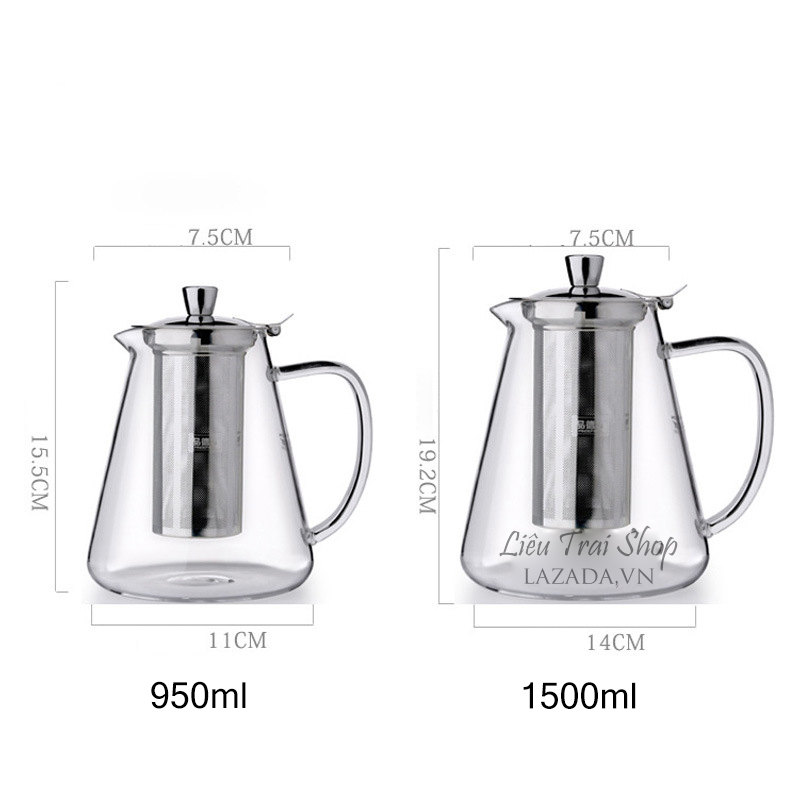 Ấm pha trà thuỷ tinh cao cấp chịu nhiệt 1500ml 1.5 lít