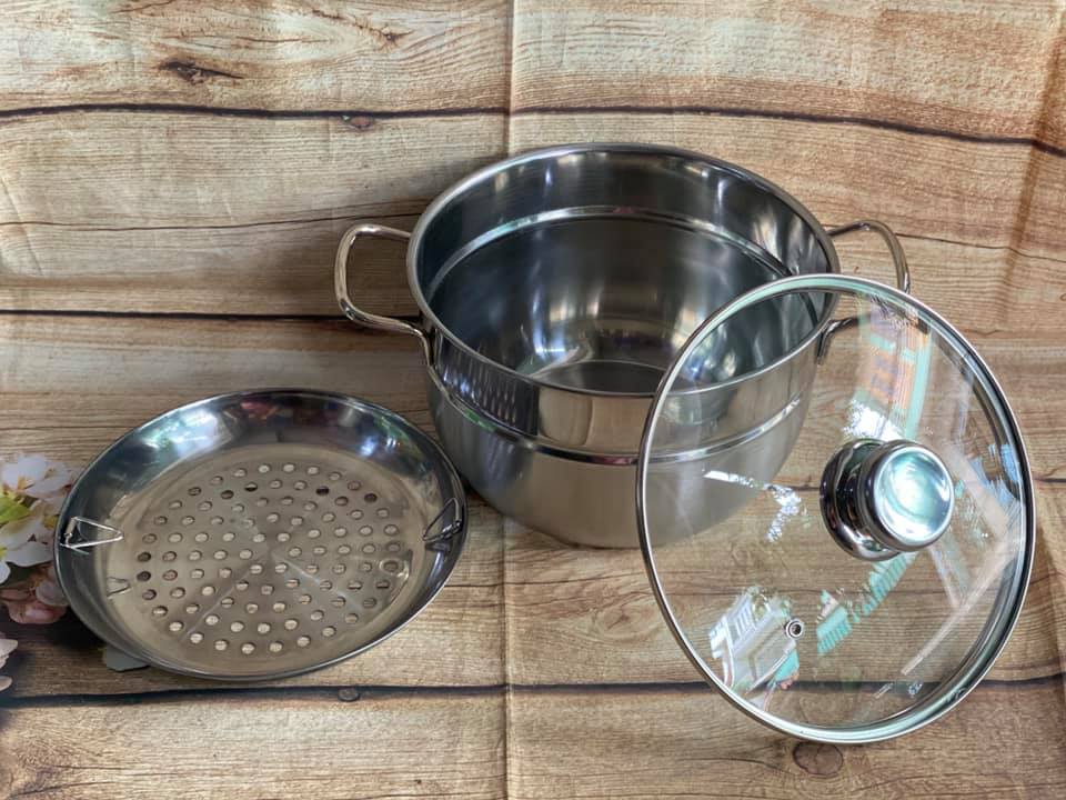 Nồi hấp inox 2tầng nắp kiếng  22cm
