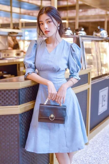 [HCM]Đầm xanh biển cổ V tay xếp li