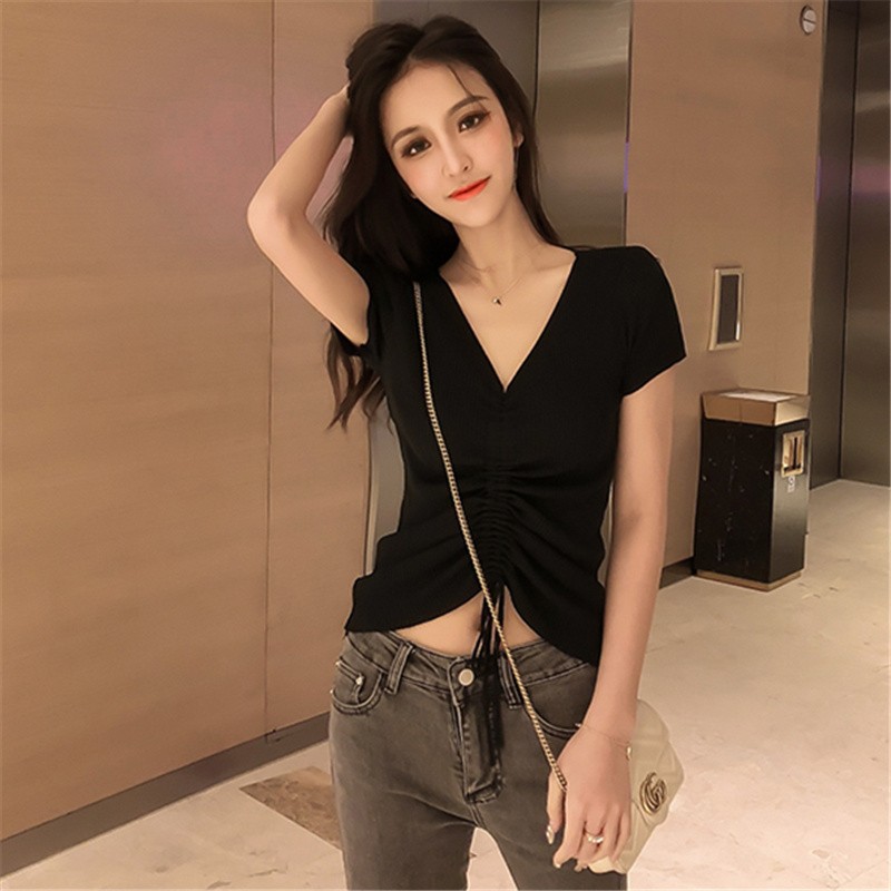 Áo len tăm ngắn tay dây rút ngực kiểu dáng Hàn Quốc