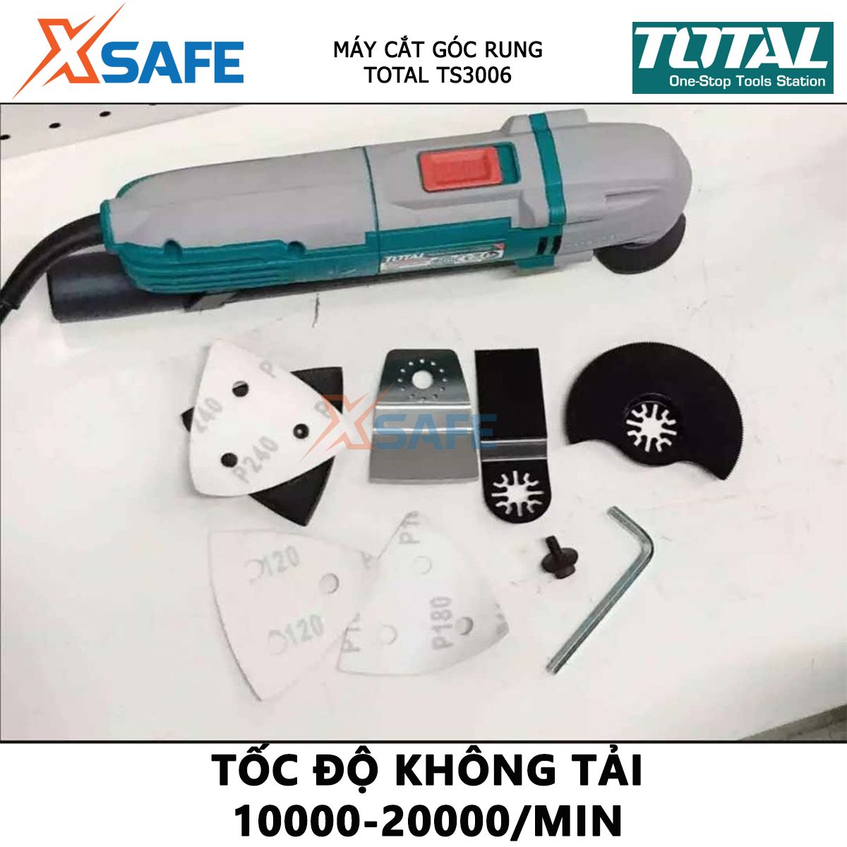 Máy cắt cầm tay Total TS3006 máy cắt góc rung 300W, tốc độ không tải 10000-20000r / phút, kèm dao cạo nhám, lưỡi cắt, lưỡi cưa phân khúc, giấy nhám đồng bằng và 3 giấy nhám, không kèm pin và sạc