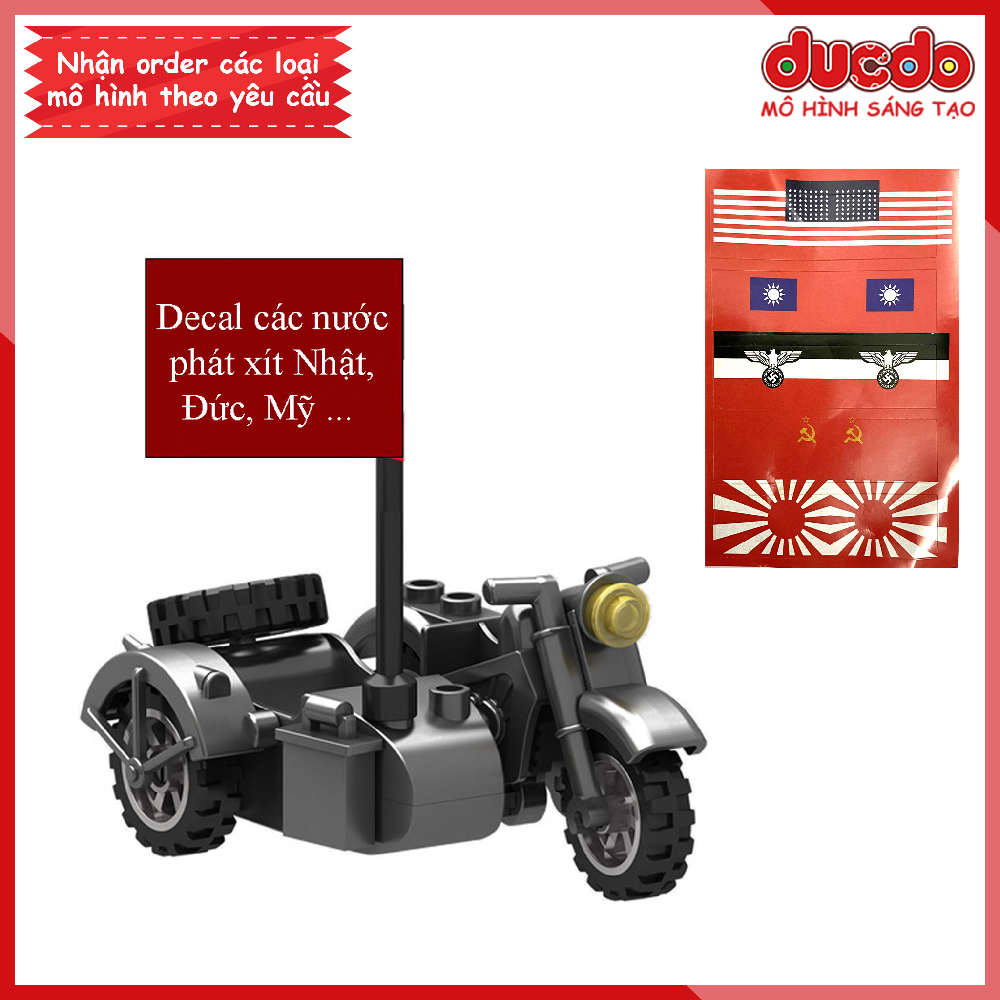 Xe Moto 3 bánh trang bị của phát xít Đức, Nhật - Đồ chơi Lắp ghép Xếp hình Mô hình Mini Minifigures lính Army WW2