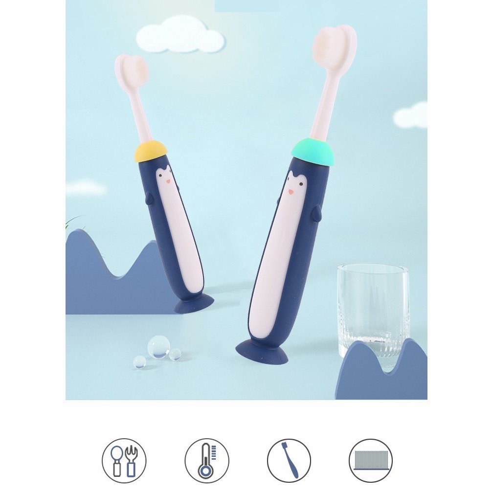 Bàn chải đánh răng lông tơ hình chim cánh cụt có vách ngăn chống hóc cho bé sợi lông mềm bảo vệ nứu cho bé