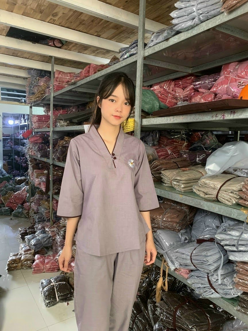 Đồ lam đi chùa nữ vải kate Mẫu hoa cúc