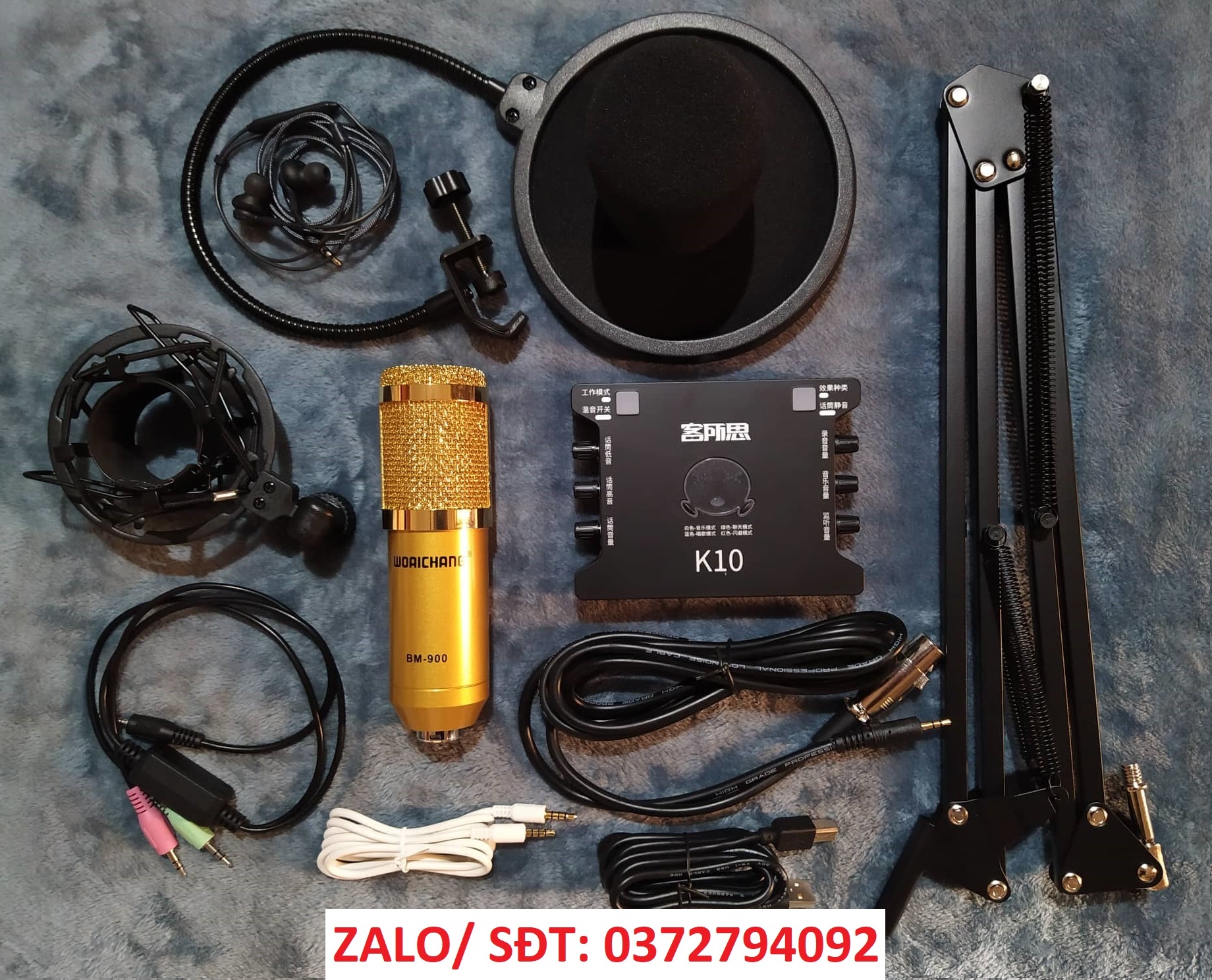 Combo đầy đủ mic woaichang bm900 card k10 tặng tai nghe nhét tai
